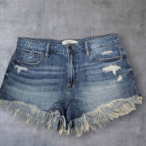 Hidden Medium Wash High Rise Fringed Distressed Jean Shorts Size Large Women K46